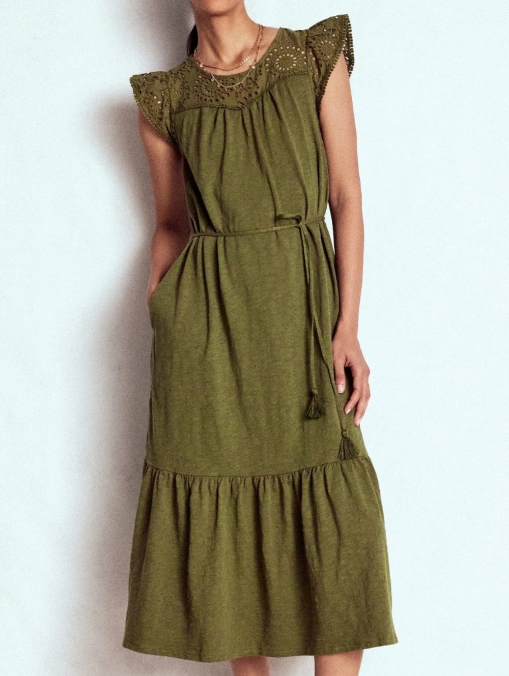 Boden Eyelet  Ruffle Cap Sleeve Midi Dress
